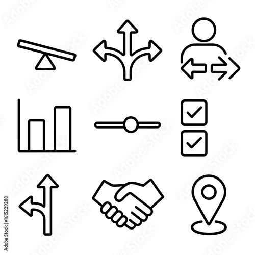 Trade-Off Strategy Icons. Outline style icons of Trade-Off Strategy: see-saw balance, split arrow, choice icon, comparison chart,