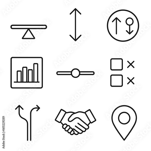 Trade-Off Strategy Icons. Outline style icons of Trade-Off Strategy: see-saw balance, split arrow, choice icon, comparison chart,