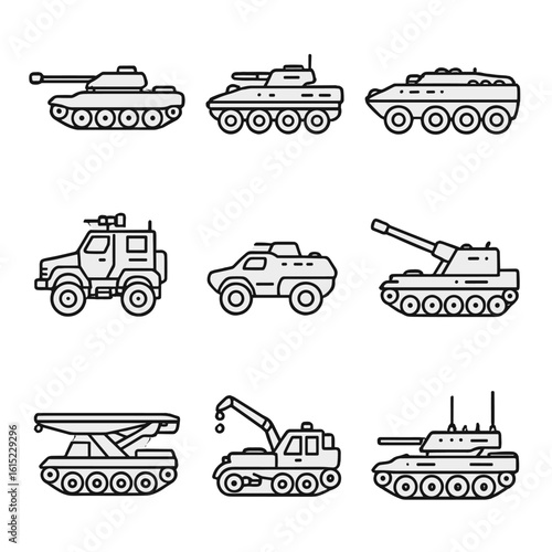 Armored Vehicles Icons. Outline style icons of Armored Vehicles: main battle tank, infantry fighting vehicle, armored personnel