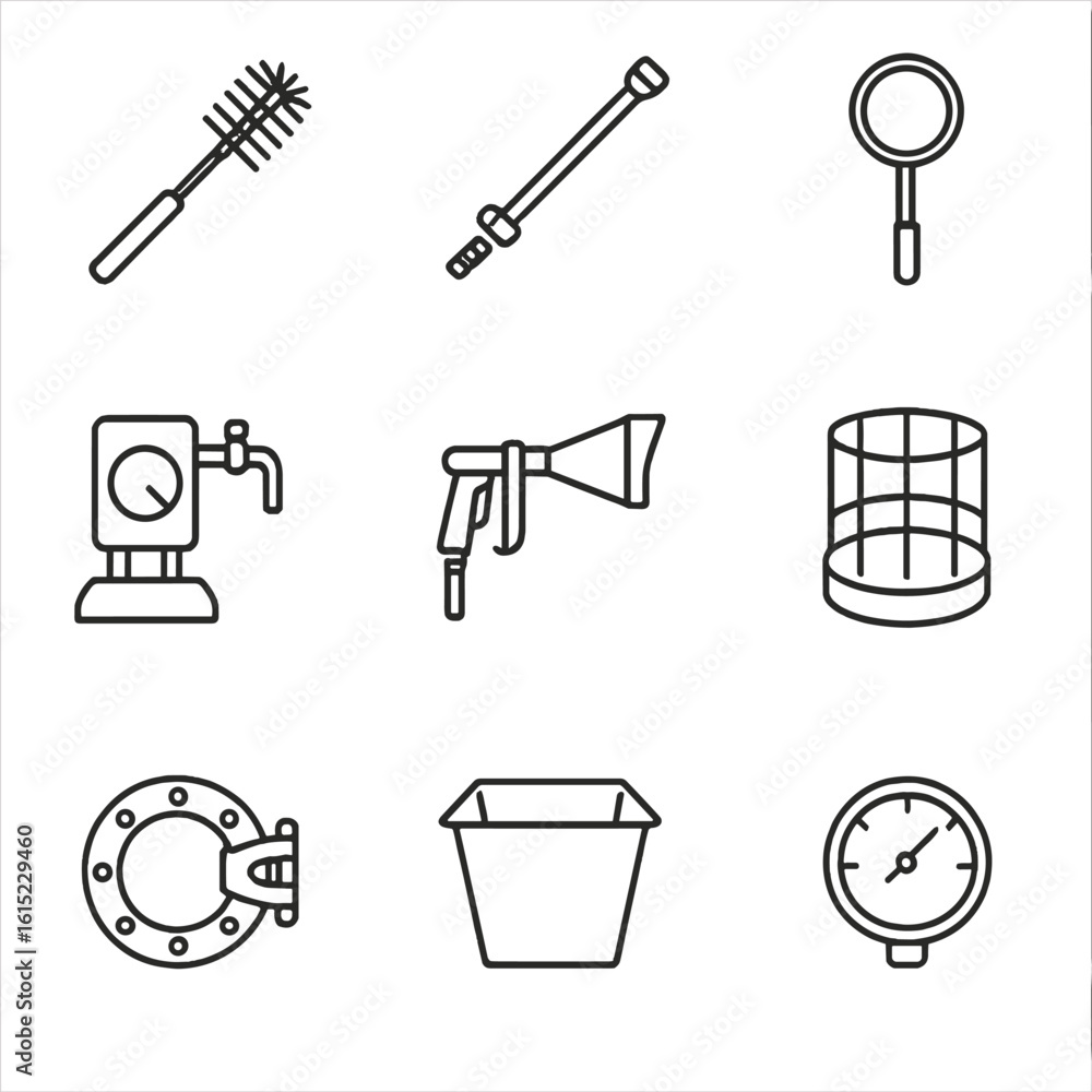 Obraz premium Boiler Cleaning Tool Icons. Outline style icons of Boiler Cleaning Tools: boiler brush, soot blower lance, inspection mirror,