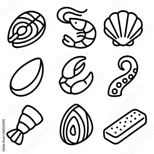 Organic Seafood Icons. Outline style icons of Organic Seafood: salmon fillet silhouette, shrimp silhouette, scallop silhouette,