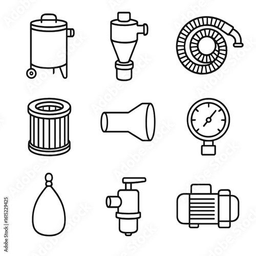 Industrial Vacuum Icons. Outline style icons of Industrial Vacuum Systems: vacuum tank, cyclone separator, hose assembly, filter