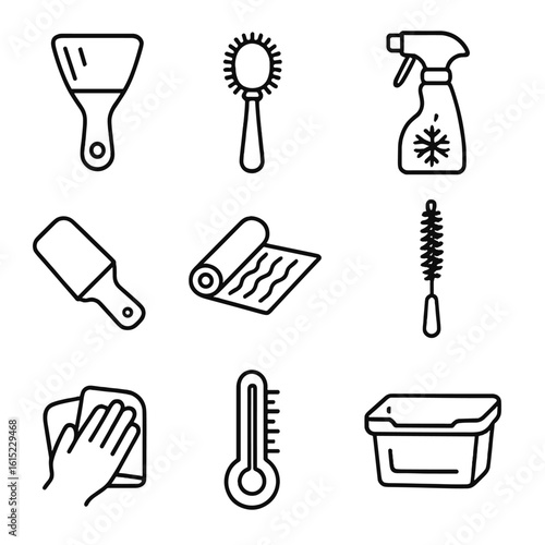 Refrigerator Cleaning Icons. Outline style icons of Refrigerator Defrost & Clean: ice scraper, drip pan brush, fridge cleaner