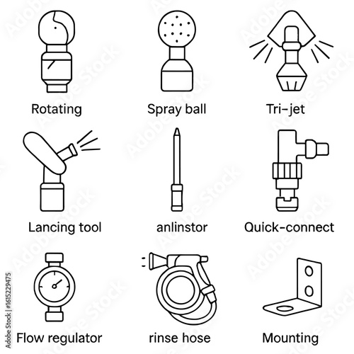 Tank Cleaning Nozzle Icons. Outline style icons of Tank Cleaning Nozzles: rotating nozzle, spray ball, tri-jet nozzle, oscillating