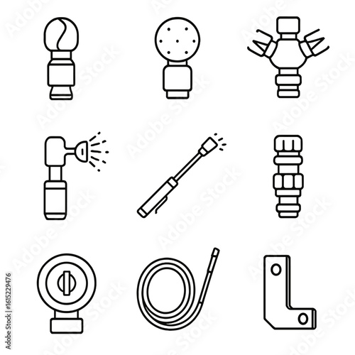 Tank Cleaning Nozzle Icons. Outline style icons of Tank Cleaning Nozzles: rotating nozzle, spray ball, tri-jet nozzle, oscillating