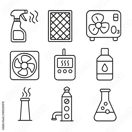 Industrial Odor Control Icons. Outline style icons of Industrial Odor Control: odor neutralizer sprayer, activated carbon filter,