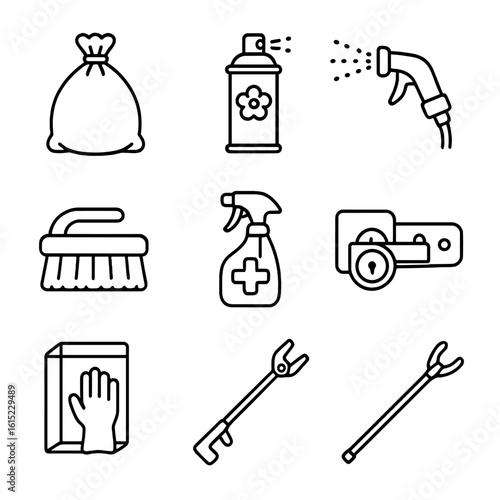 Trash Care Essentials. Outline style icons of Trash & Recycling Bin Care: bin liner, bin deodorizer, hose rinse nozzle, scrub