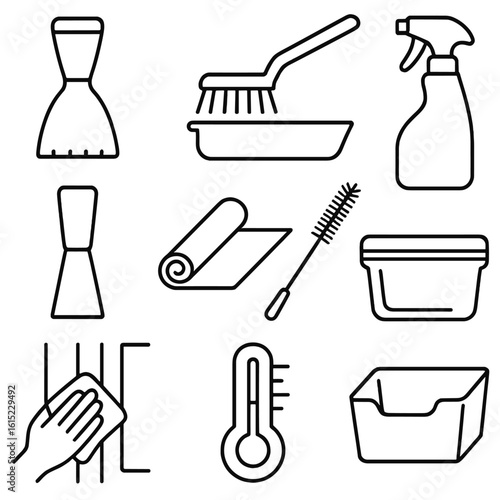 Refrigerator Cleaning Icons. Outline style icons of Refrigerator Defrost & Clean: ice scraper, drip pan brush, fridge cleaner