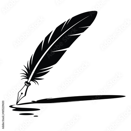 Monochrome vector illustration of a vintage quill pen writing with an ink blot. Classic author and poet symbol.