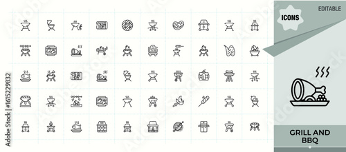 Grill And Bbq linear icon set. Related to bbq, kitchen, party, grill, cooking, barbecue. Bbq vector icon set. Minimalist icons collection. Editable stroke vector art.