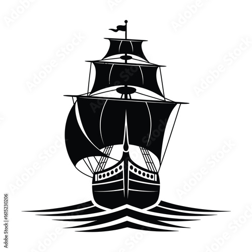 Stylized black silhouette of a vintage sailing ship on ocean waves. A vector graphic icon of a historical frigate for a maritime emblem.