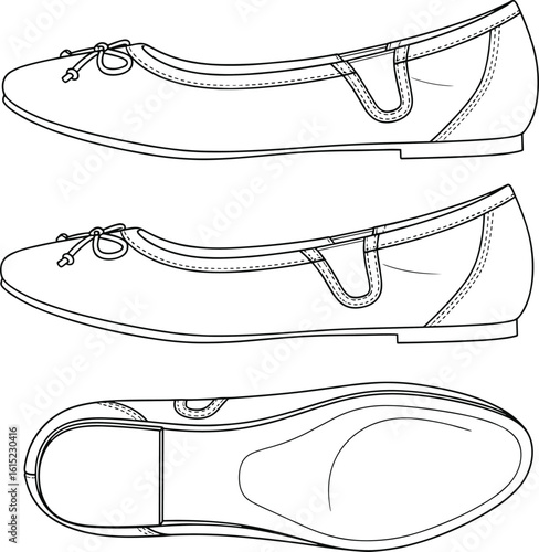 Ballet flat shoe CAD drawing, detailed fashion footwear sketch, technical vector illustration, side and bottom view with bow design