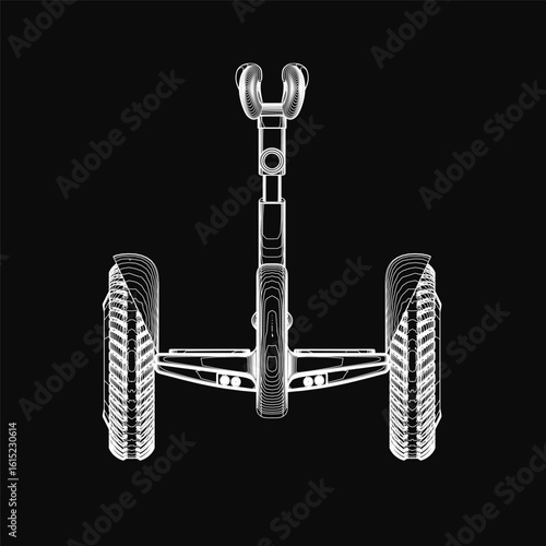A black and white hoverboard drawing features two curved wheels and a straight handlebar on a solid black background. The minimalist design resembles a Segway or Contour with clean lines and no.