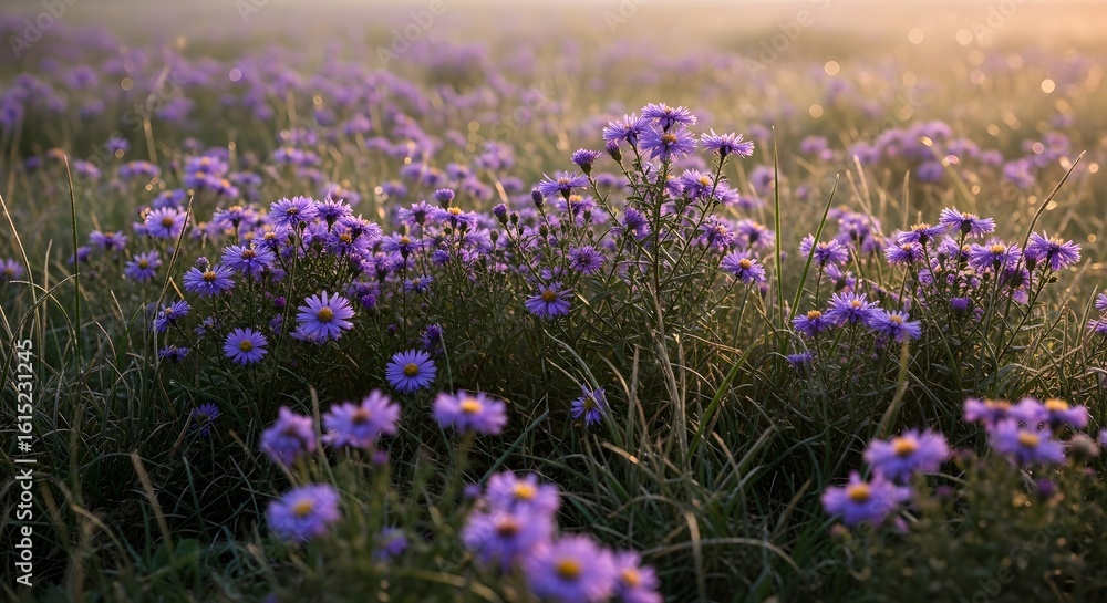 Obraz premium Purple Aster Flower Field in Early Morning Light
