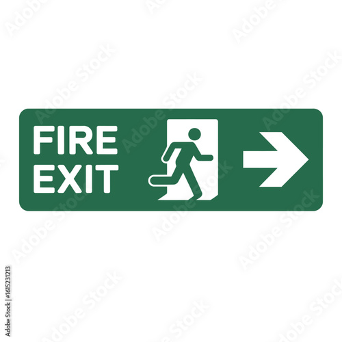 Green fire exit directional sign with running person icon and arrow. Vector illustration for emergency escape and safety regulations.