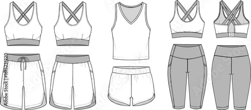 CAD drawing flat vector illustration of women's activewear set, sports bra, tank top, shorts, leggings, front and back views