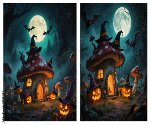 Spooky Halloween night with  haunted houses, full moon, flying bats, and mushroom, perfect for an autumn celebration