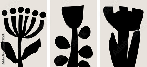 Artistic set of three vector floral illustrations with geometric silhouettes and retro paper-cut textures. Black and white tones minimalist aesthetic botanical design