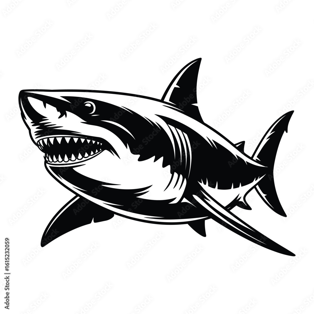 Fototapeta premium Angry shark mascot vector illustration. Ferocious marine predator logo emblem in monochrome vintage style. Isolated design element.