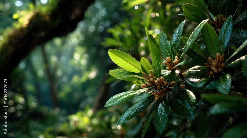 Obraz premium Lush green leaves and early flower buds of an evergreen shrub in the forest