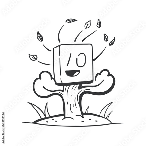 A Whimsical Character Design Featuring a Stylized Tree with a Cubical Head and Friendly Expression