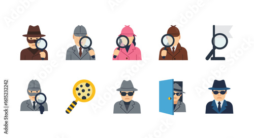 Intrigue of Investigation: Collection of stylized detective illustrations, each capturing a unique facet of investigation and mystery, offering a visually rich exploration of observation.