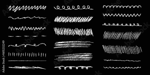 White chalk scribble set, decorative hand drawn design elements, abstract boredom doodles. Vector illustrations.