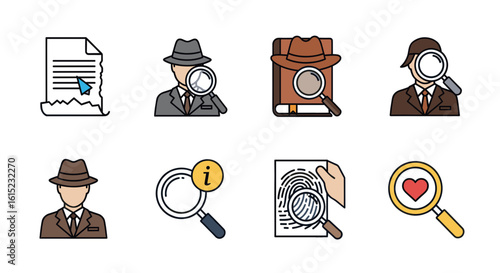 Detective Icons: A set of illustrated icons representing elements of investigation, detective work and information. Includes magnifying glasses, files and documents.
