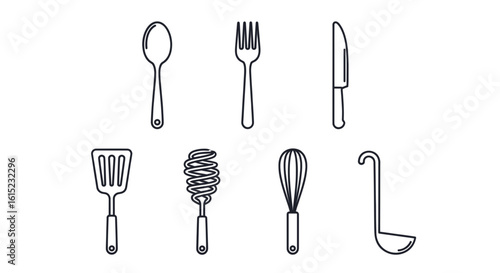 Kitchen Utensils Illustration: A collection of essential kitchen utensils meticulously illustrated, including a spoon, fork, knife, spatula, whisk, ladle, and more, all captured in a clean.