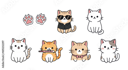 Playful Paws & Cute Cats: A collection of adorable cartoon cats with unique personalities alongside pink paw prints. These charming illustrations are perfect for a wide range of creative projects.