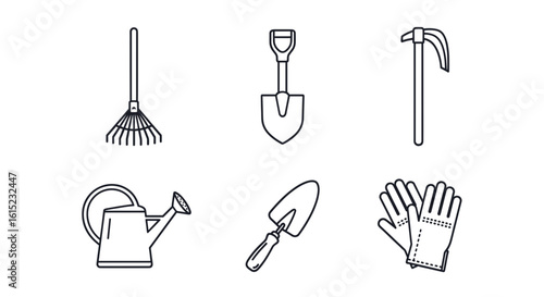 Garden Essential: An assortment of essential gardening tools laid out, depicted in a clean and minimalist monochrome illustration, inviting a sense of rustic simplicity and practicality.