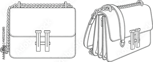 CAD flat vector drawing of designer shoulder bag, fashion handbag technical sketch, front and side view, accessory illustration, purse template