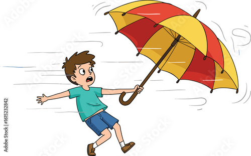Cartoon boy flying in strong wind with umbrella, funny windy weather concept, humorous illustration for children, playful weather vector