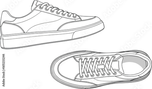 Casual sneaker CAD drawing, side and top view shoe vector, footwear design sketch, flat lace-up trainer illustration template