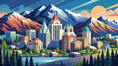 Salt Lake City, Utah, rests at the base of snowy mountains. Semi-realistic vector style brings clarity to spires, city lights, and nature’s silent grandeur.