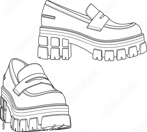 Chunky platform loafers technical cad drawing, stylish women's footwear vector, thick sole fashion shoe sketch, flat design illustration