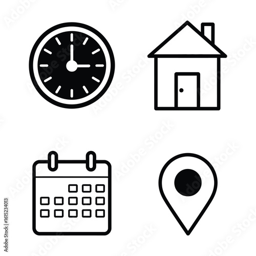 Temporal and Spatial Icons: Clock, Home, Calendar, and Location Set

