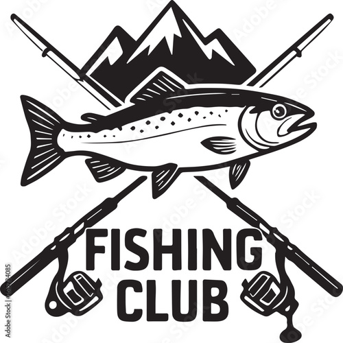 Fishing club emblem with trout and mountains isolated on white background