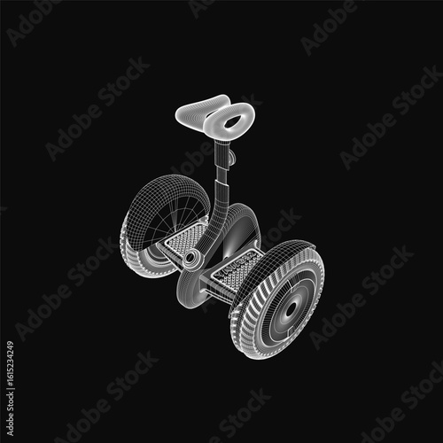 A black and white wireframe drawing of a sleek Segway with two wheels, featuring a black frame and white accents. The front wheel is larger than the rear.