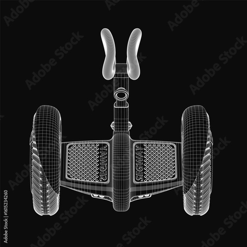 A black and white 3D wireframe model of a sleek segway with two large curved wheels, a handlebar, and a footrest. The design features a black body with subtle white accents for a modern aesthetic.