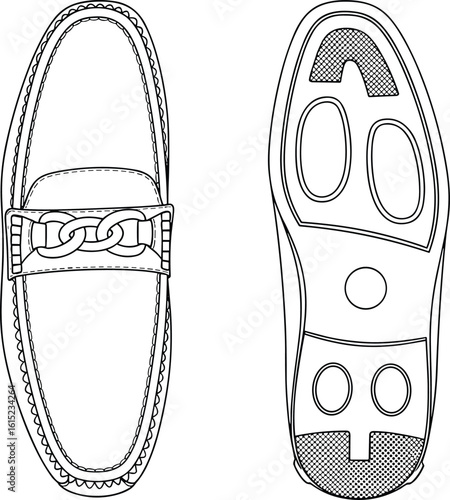 Classic loafer top and sole view cad drawing, elegant men's shoe technical sketch, leather footwear vector, flat design illustration