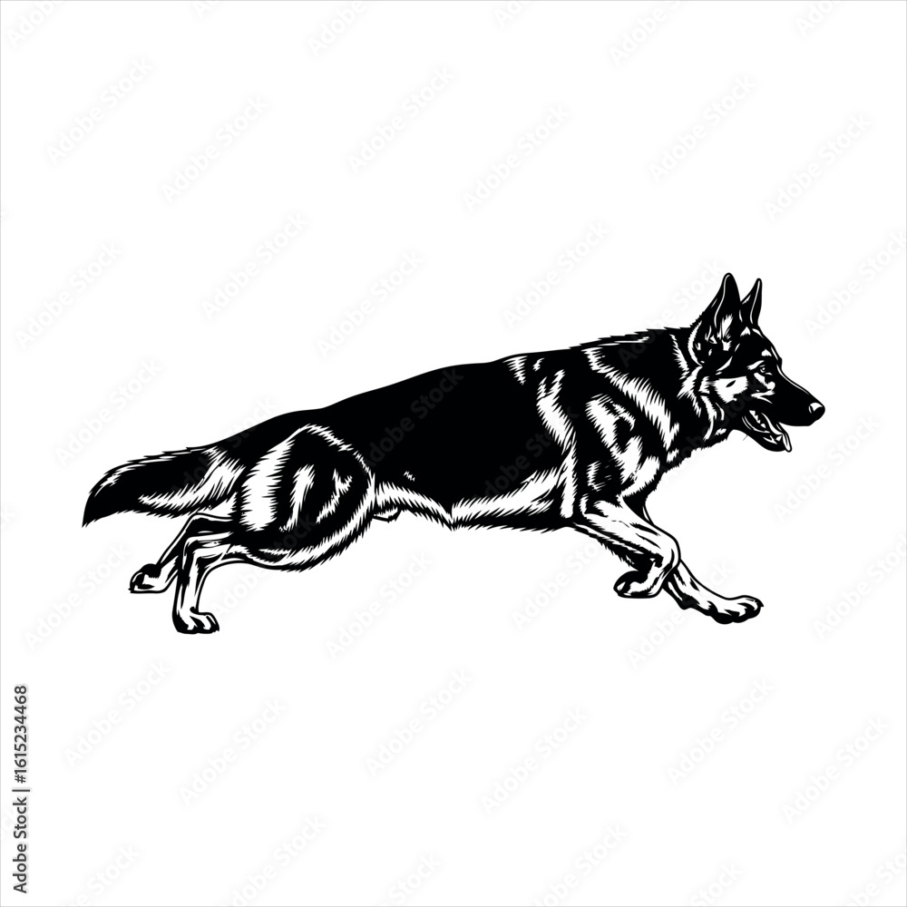 Fototapeta premium Playful dog silhouette with a wagging tail isolated on white background