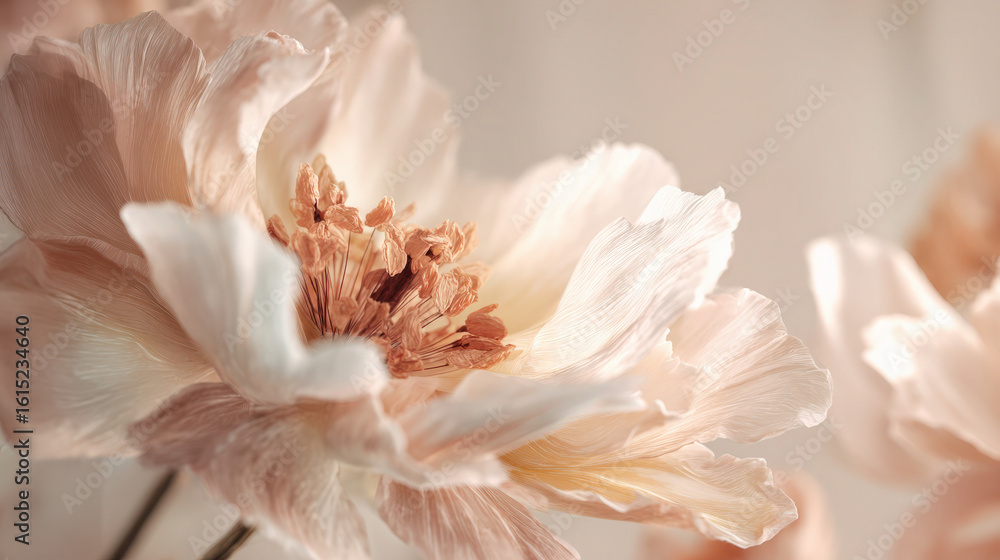 Fototapeta premium A stunning macro shot of a blooming peony, showcasing its delicate peach petals and soft texture.