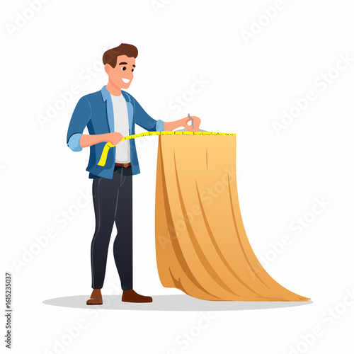 Smiling tailor measuring fabric with yellow tape, wearing a blue jacket and white pants