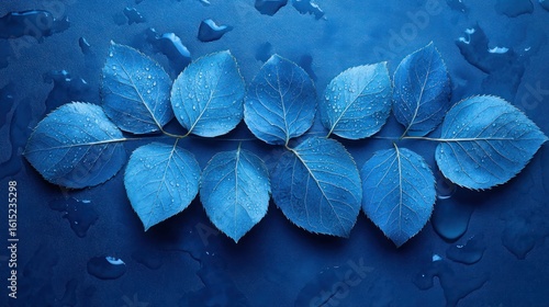Blue leaves, water droplets, dark background