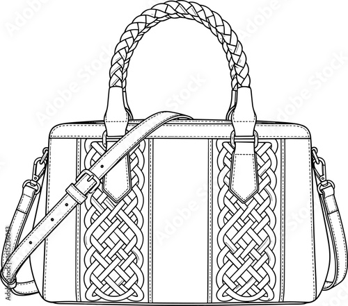 Elegant handbag cad drawing with braided leather handle, front view vector illustration, detailed line art, accessory fashion template design