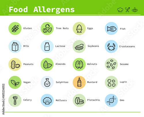 Food allergens set icon. Icons designed to represent the major food allergens clearly and effectively. The outline icons are well scalable and editable, good for different backgrounds. EPS10.