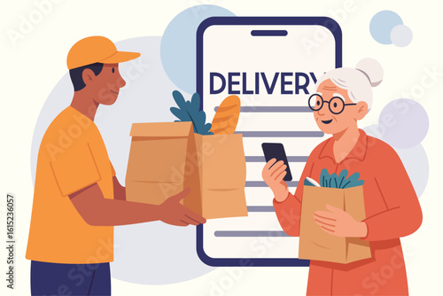 Senior woman receiving grocery delivery from courier, flat cartoon illustration of elderly person using mobile app for online shopping