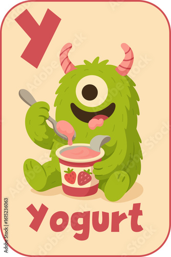 Letter Y, Green one-eyed monster eating strawberry yogurt for kids flashcard in cartoon flat style