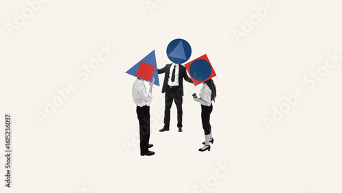 Obraz na plátně Surreal collage of business people with geometric shapes for heads discussing together